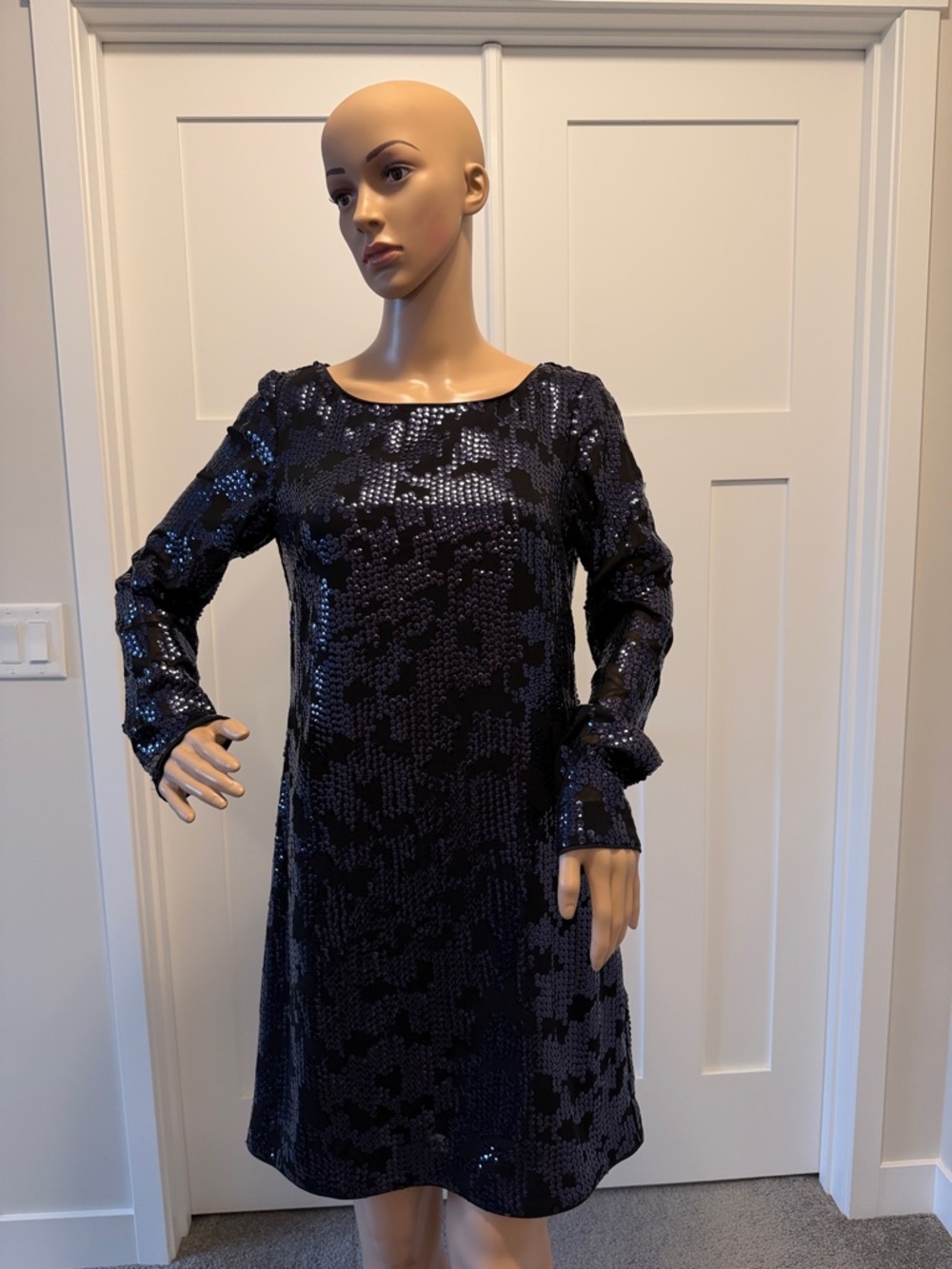 Vince Camuto Midnight Navy Sequin Long Sleeve Shift Dress
